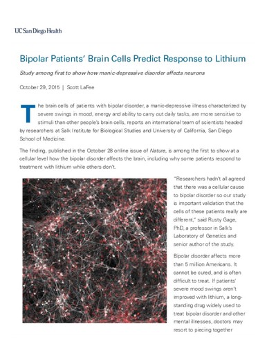 Bipolar Patients' Brain Cells Predict Response to Lithium