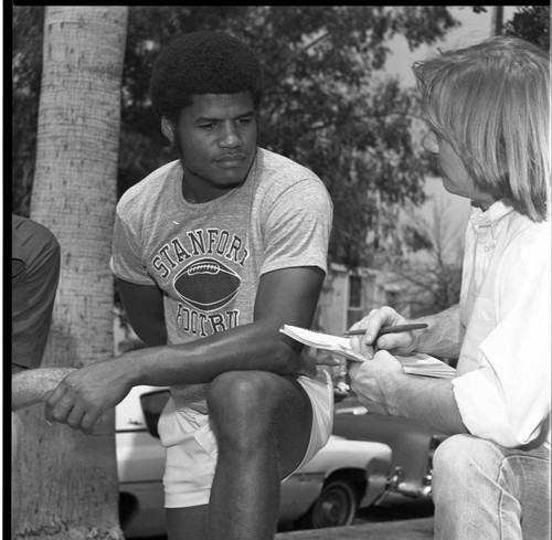 Robby Chapman giving an interview, Los Angeles, 1977
