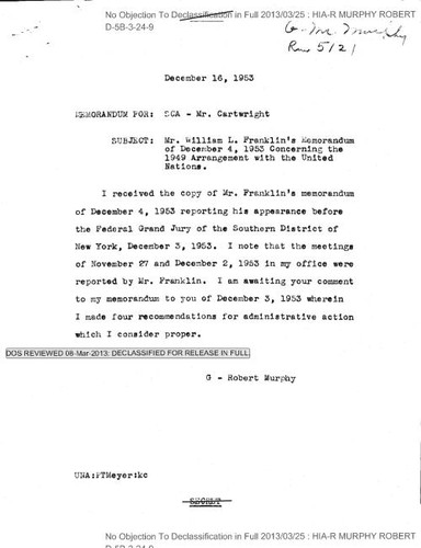Robert Murphy memo for Robert F. Cartwright regarding William L. Franklin's memo concerning the 1949 arrangement with the United Nations