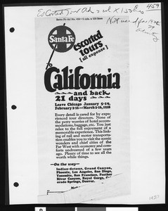 Santa Fe Railway advertisement that reads "California and back, 21 days", 1927