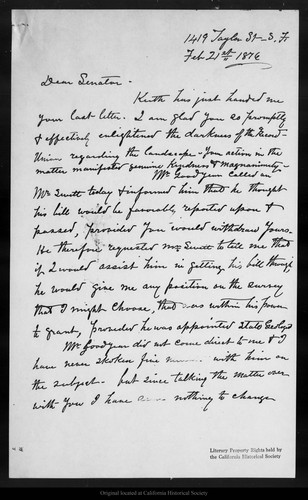 Letter from [John Muir] to [William C. Hendricks], 1876 Feb 21