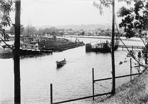 Along the San Lorenzo River, the stage and seats are prepared for the 1912 Water Pageant