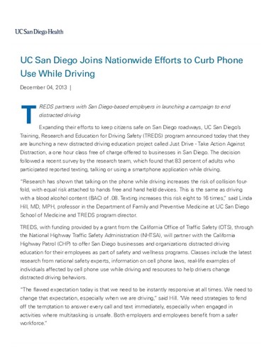 UC San Diego Joins Nationwide Efforts to Curb Phone Use While Driving