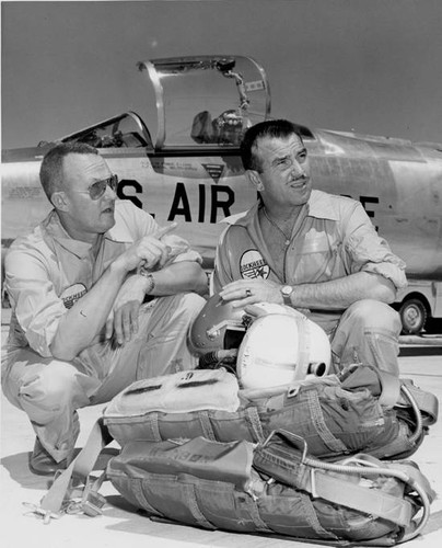 Flying Friends, Fish Salmon and Tony LeVier, test pilots for aircraft F-104, 1956
