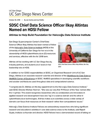 SDSC Chief Data Science Officer Ilkay Altintas Named an HDSI Fellow