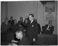 J.W. Buzzell taking oath in court during his trial for reckless driving, Los Angeles, 1940