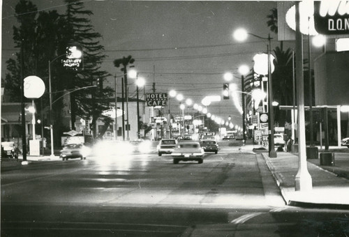 Downtown Banning, California at night looking east on Ramsey Street from 5th Street
