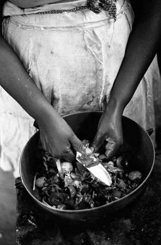 A woman stands in front of a pot preparing a meal, San Basilio de Palenque, 1977