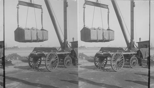 Removing one of the large dirt pockets from a wagon preparatory to dumping on a scow to be carried out to sea. N.Y. City