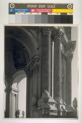 Palace of Fine Arts, San Francisco: [view of columns and urns, rotunda exterior]