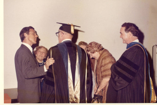 Robing Room: President Banowsky, Mrs. Seaver, Dr. Howard White, Unknown, Dr. Carl Mitchell