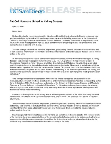 Fat-Cell Hormone Linked to Kidney Disease