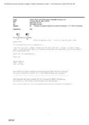 [Email from Sharon Tapley to Nigel Espin regarding request for cigarette analysis and customer information-CTIT ref ST12/04]