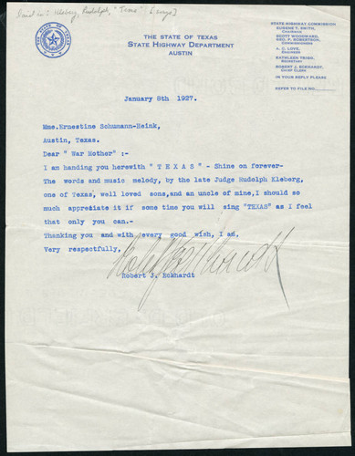 Robert J. Eckhardt letter to Schumann-Heink, 1927 January 08