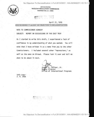Joseph D. Lafleur Jr. memo regarding report on discussions of Far East trip, with attached draft report