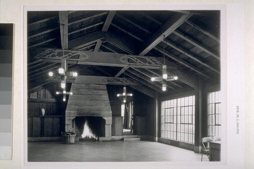 First Church of Christ, Scientist, Berkeley: [interior, view of assembly hall with fireplace]