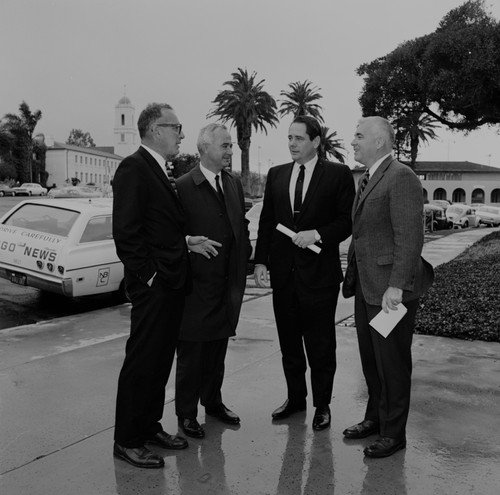 William Nierenberg, Jeffery Frautschy, William McGill, and Ed Reinecke at Sherwood Hall for the Scripps Institution of Oceanography symposium, "Man's Chemical Invasion of the Ocean: An Inquiry"