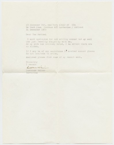 Letter to Tom Marioni from Lawrence Weiner