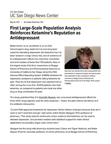 First Large-Scale Population Analysis Reinforces Ketamine’s Reputation as Antidepressant
