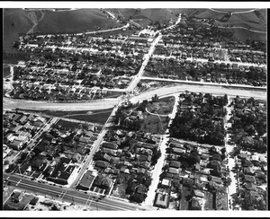 Aerial view of the Arroyo Seco River and Avenue Forty-three in Los Angeles, ca.1938