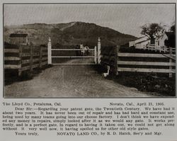 Lloyd gate at the Novato Land Company Ranch in Novato, California, as shown in the Lloyd Co. catalog for 1912