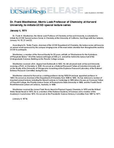 Dr. Frank Westheimer, Morris Loeb Professor of Chemistry at Harvard University, to initiate UCSD special lecture series