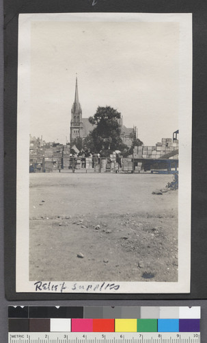 Relief Supplies. [Jefferson Square. Lutheran Church at Gough and Eddy Sts., background.]