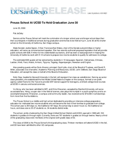 Preuss School At UCSD To Hold Graduation June 30