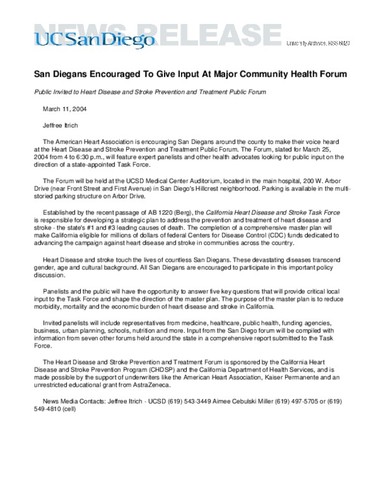 San Diegans Encouraged To Give Input At Major Community Health Forum--Public Invited to Heart Disease and Stroke Prevention and Treatment Public Forum