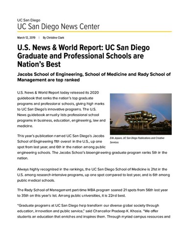 U.S. News & World Report: UC San Diego Graduate and Professional Schools are Nation’s Best