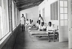 Senanga hospital, in a gallery, sick men on their bed