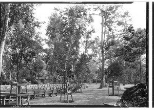 Benches arranged in a semicircle at Sycamore Grove Park, Los Angeles