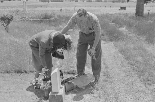 Woman placing flowers on grave with son #1, Berryessa Valley