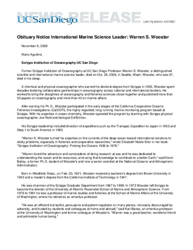 Obituary Notice: International Marine Science Leader: Warren S. Wooster