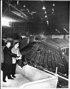 Bill Rosensohn & Bill Nicholas inside the under-construction Los Angeles Memorial Sports Arena, 1959