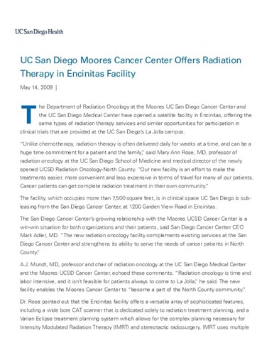 Moores UC San Diego Cancer Center Offers Radiation Therapy in Encinitas Facility