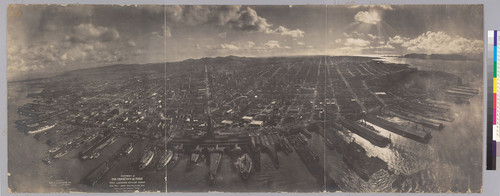 Photograph of San Francisco in Ruins, from Lawrence Captive Airship, 2000 Feet Above San Francisco Bay Overlooking Waterfront. Sunset over Golden Gate