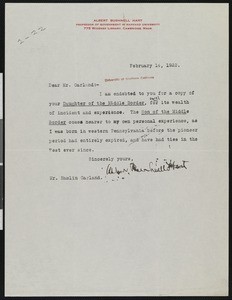 Albert Bushnell Hart, letter, 1922-02-14, to Hamlin Garland