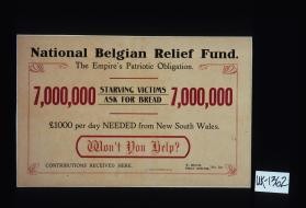National Belgian Relief Fund. The Empire's patriotic obligation. 7,000,000 starving victims ask for bread