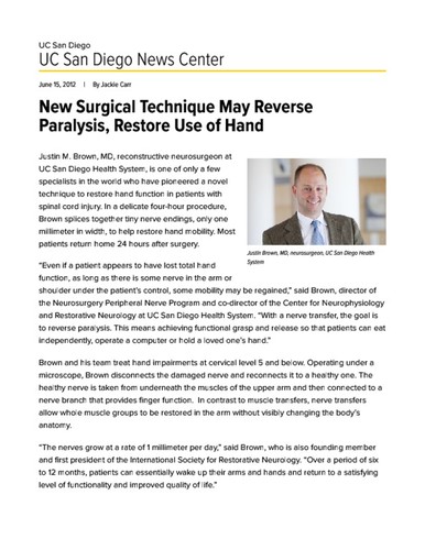 New Surgical Technique May Reverse Paralysis, Restore Use of Hand