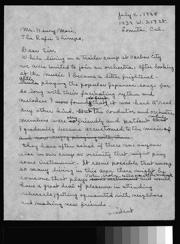 Draft letter, 1948 July 2, Lomita, Calif. to Mr. Henry Mori