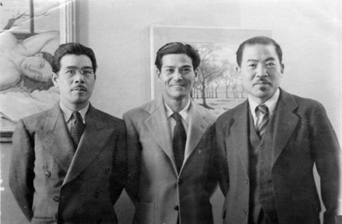 K. Nomiyama, Yoshio Harry Tsuruda, and Tokio Ueyama at art exhibition in the recreation hall at Granada Relocation Center
