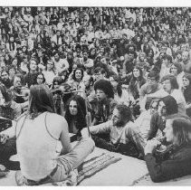 Alan Ginsberg, poet of the Beat Generation, addressing hundreds of students