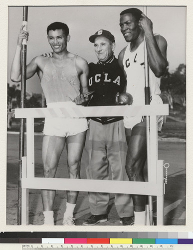 Los Angeles campus. Two of the world's greatest athletes came from the cinder track of UCLA. In the 1960 Olympics in Rome, Rafer Johnson (right) and C. K. Yang (left) finished first and second, with the highest decathlon scores in history. Johnson had been runner-up in the 1956 Olympics. Shown with UCLA Coach Drake