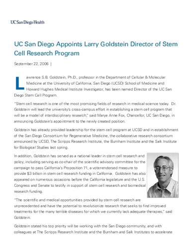 UC San Diego Appoints Larry Goldstein Director of Stem Cell Research Program