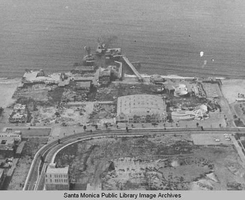 Remains of the Pacific Ocean Park Pier after the fire looking west, September 16, 1974