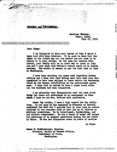 Robert Murphy correspondence with James W. Riddleberger and Riddleberger letter to George W. Perkins