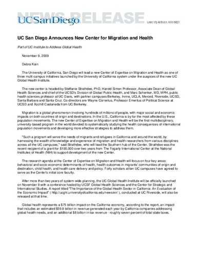 UC San Diego Announces New Center for Migration and Health--Part of UC Institute to Address Global Health