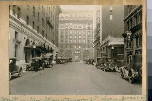 North on New Montgomery St. from Jessie St. March 1924 - Palace Hotel on the left and the Crocker Bank opposite