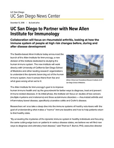 UC San Diego to Partner with New Allen Institute for Immunology